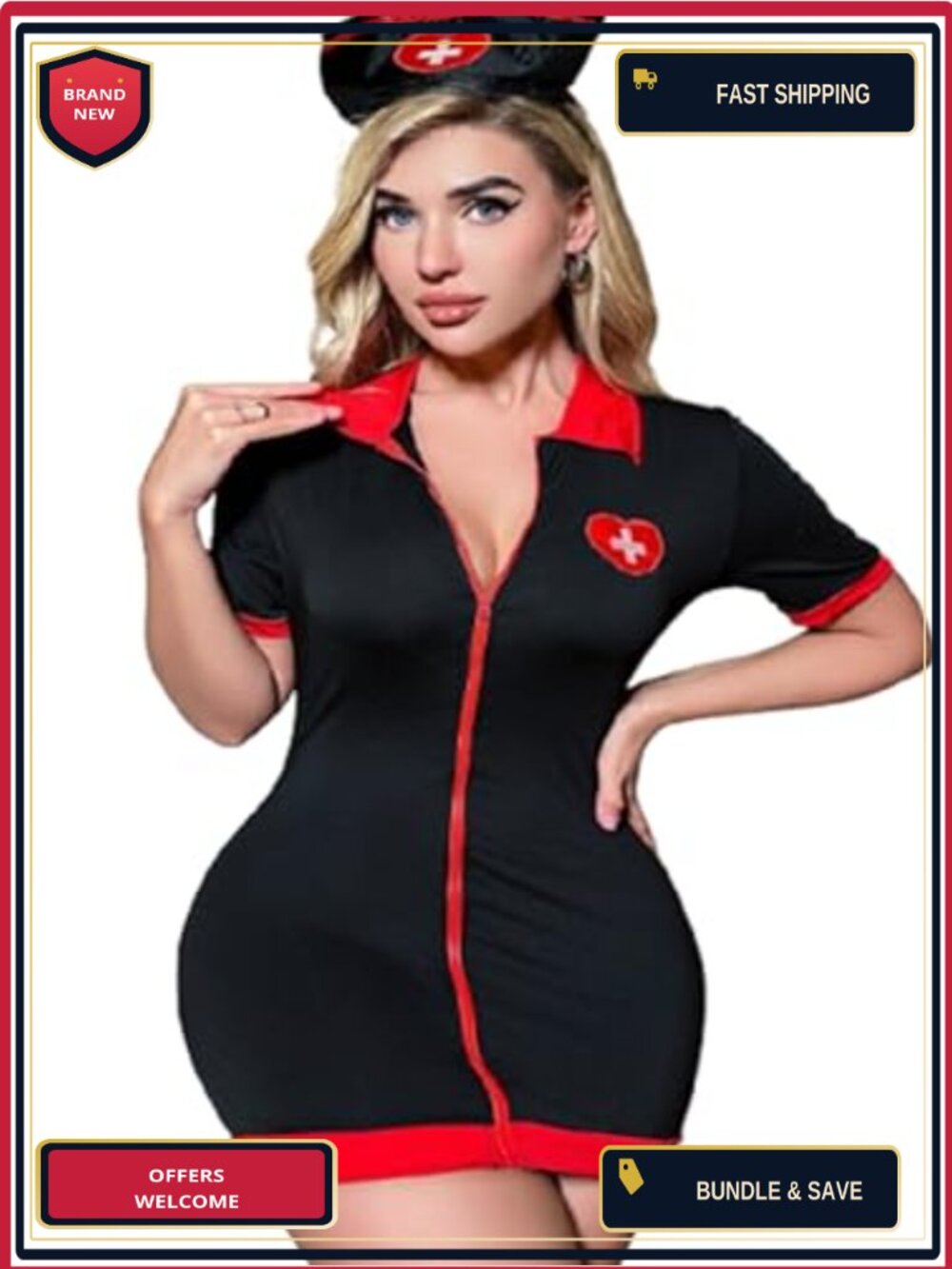 FEHEOO Nurse Costume Dress Hat Front Zip Bodycon Adult Halloween